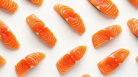 This high-quality image showcases fresh salmon fillets arranged aesthetically on a clean white surface. Ideal for culinary projects and food-related content.の素材
