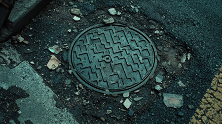 A detailed round manhole cover featuring a unique geometric pattern sits amidst cracked asphalt and scattered debris in an urban setting.の素材