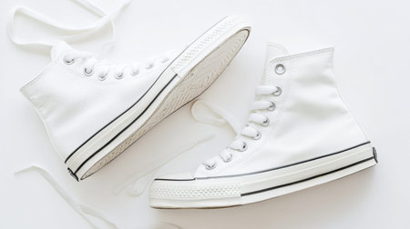 A pair of classic white canvas high top sneakers featuring black stripes and laces on a clean and minimalist background. Perfect for fashion and lifestyle themes.の素材