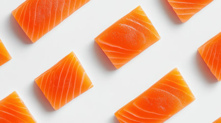 This image features beautifully arranged fresh salmon fillets on a white background, showcasing their vibrant color and texture, ideal for culinary inspiration.の素材