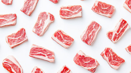 This image showcases fresh raw pork belly pieces artfully arranged on a clean white background, ideal for food photography, cooking inspiration, and menus.の素材
