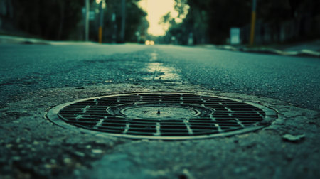 A close-up view of a circular manhole cover set on a quiet urban street. The soft evening light creates an intriguing atmosphere, highlighting grid patterns.の素材