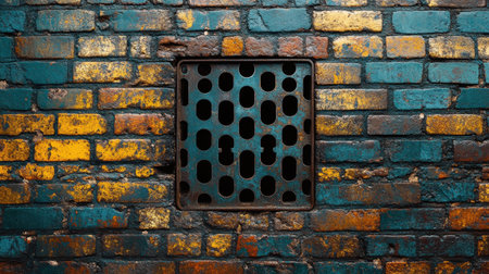 This image showcases a visually striking brick wall featuring a metal drain cover, surrounded by a blend of vibrant colors and aged textures, perfect for urban design projects.の素材