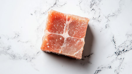 A fresh raw pork cube resting on a sleek marble surface, ideal for culinary preparations and showcasing the textures and colors of meat.の素材