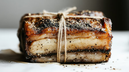 This appetizing image showcases perfectly cooked pork belly, featuring crispy skin and a rustic presentation, ideal for culinary inspiration.の素材