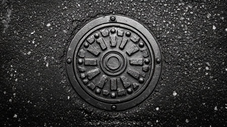 A close view of a round manhole cover set on a wet asphalt surface, showcasing intricate design details and water droplets, ideal for urban themes.の素材