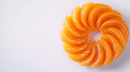 This image features a stunning circular dessert made of layered orange slices, showcasing vibrant colors against a smooth white background, perfect for food enthusiasts.の素材