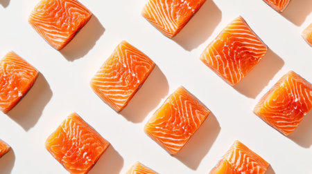 An artistic arrangement of fresh raw salmon fillets showcasing vibrant orange hues and unique textures. Ideal for culinary presentations and food-related projects.の素材