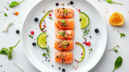 This vibrant gourmet dish features succulent salmon slices artfully arranged on a white plate, surrounded by fresh herbs and colorful ingredients.の素材