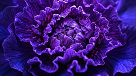 Stunning close-up of a vibrant purple cabbage flower showcasing intricate textures and captivating details of its petals. Perfect for nature lovers and culinary enthusiasts.の素材