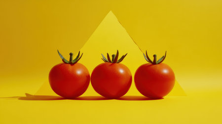 This visually striking image features three fresh red tomatoes arranged on a bright yellow background, enhanced by geometric shapes. The vibrant colors create an eye-catching composition, perfect for food-related projects or culinary themes.の素材