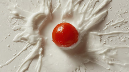A striking image of a single red tomato resting in a pool of white milk, captured mid-splash to showcase dynamic food interaction and vibrant colors.の素材