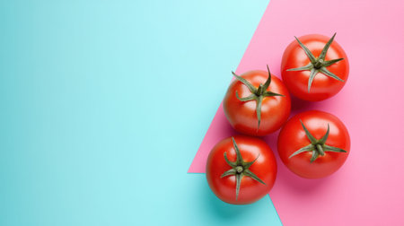 This image features a cluster of fresh red tomatoes on a striking blue and pink background. The vibrant colors and geometric shapes create a modern and appealing look, ideal for culinary or health-related themes.の素材