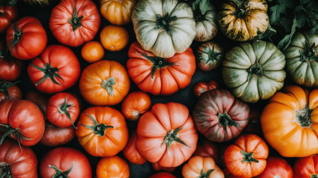 A vibrant assortment of fresh organic tomatoes showcasing various colors and shapes, perfect for culinary use or agricultural displays, symbolizing healthy living.の素材