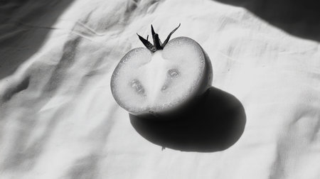 This artistic black and white image showcases a freshly cut tomato resting on a textured fabric surface, highlighting the interplay of light and shadow.の素材