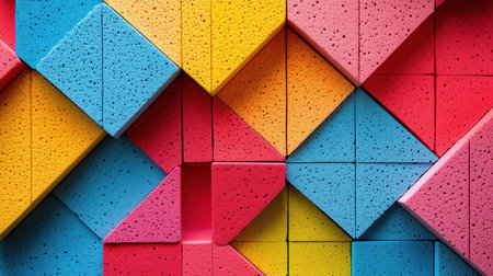 This image showcases a vibrant arrangement of colorful foam blocks in various shapes, ideal for playful designs, educational tools, and creative projects.の素材