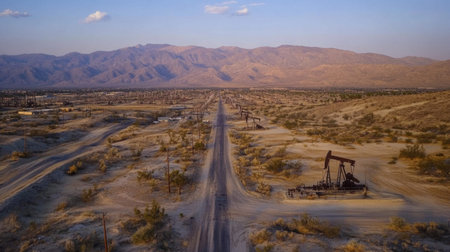 Captivating aerial view showcasing a vast desert landscape with a winding road and oil pump jacks framed by majestic mountains at sunset.の素材