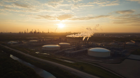Stunning aerial view of an industrial facility during sunset, showcasing storage tanks and smoking chimneys against a serene river landscape.の素材