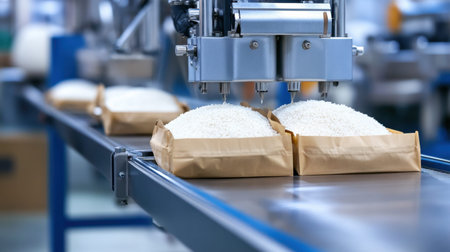 This image depicts an automated rice packaging process inside a modern food production facility, showcasing precision machinery handling grains in a clean environment.の素材