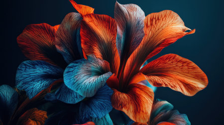This stunning close-up showcases exotic flowers with captivating blue and orange petals, set against a dark background to enhance their beauty.の素材