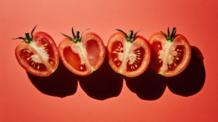 A visually appealing arrangement of freshly sliced tomatoes showcasing vibrant colors and soft shadows, ideal for food photography and culinary art.の素材