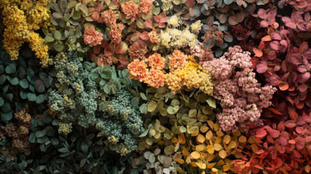 A stunning wall design featuring an array of vibrant flowers and foliage. This colorful backdrop offers inspiration for home decor, creative projects, or artistic expressions.の素材