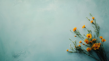 A charming arrangement of delicate yellow flowers set against a soothing blue background, perfect for artistic projects, decorations, or nature-inspired themes.の素材