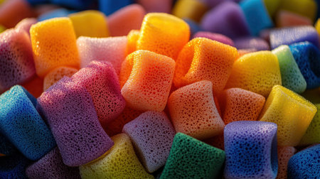 A vibrant collection of colorful foam sponges arranged together, showcasing a unique texture ideal for cleaning tasks or artistic projects.の素材
