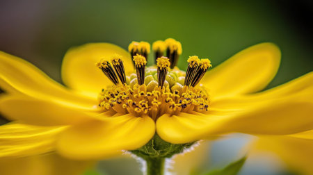 This image features a close-up view of a bright yellow flower, highlighting the delicate petals and intricate stamen details against a soft, blurred background.の素材