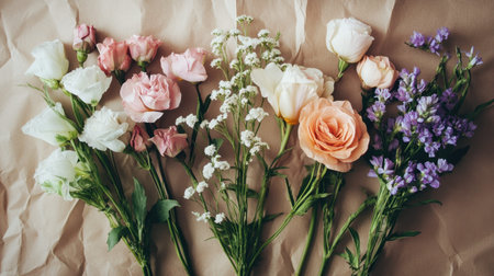 A stunning display of fresh flowers in soft pastel hues arranged elegantly on crumpled paper. Perfect for concepts of beauty, nature, and romance.の素材
