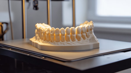 This image captures a 3D printed model of human teeth on a printing platform, showcasing advanced dental technology in a bright workspace.の素材