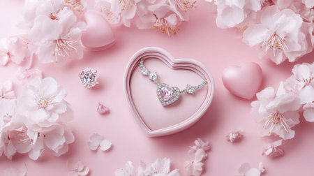 This enchanting heart-shaped jewelry display features a stunning necklace amidst delicate pink flowers, ideal for romantic occasions or special gifts.の素材