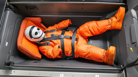 This image showcases an astronaut mannequin dressed in an orange suit, secured in a spacecraft mock-up, highlighting the innovative design and safety features for space travel.の素材