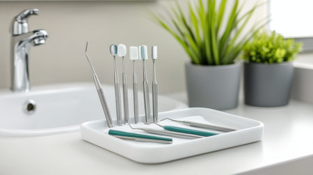 A collection of dental care tools neatly arranged on a white tray beside green plants in a modern bathroom. Perfect for hygiene and oral health promotion.の素材