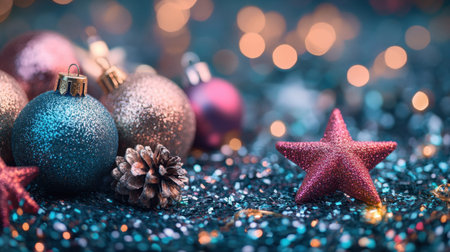 A vibrant collection of Christmas ornaments featuring a shiny star, pine cone, and shimmering lights, creating a festive and joyful atmosphere.の素材