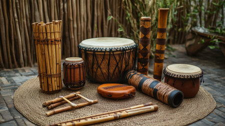This image showcases a diverse collection of traditional musical instruments arranged beautifully on a natural fiber mat, highlighting rustic craftsmanship and cultural artistry.の素材