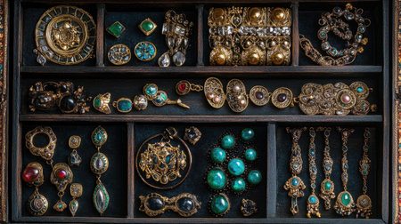 This image showcases a captivating array of vintage jewelry elegantly arranged within an ornate wooden box, featuring colorful gemstones and intricate designs.の素材