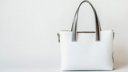 This image showcases an elegant white handbag with sleek gray accents, perfect for highlighting fashion trends and accessories in marketing materials.の素材