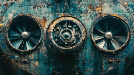 This detailed image captures the intricate design of industrial machinery featuring turbine engines and a weathered metal surface. The close-up view highlights the complex components and texture, evoking a sense of history and technology.の素材