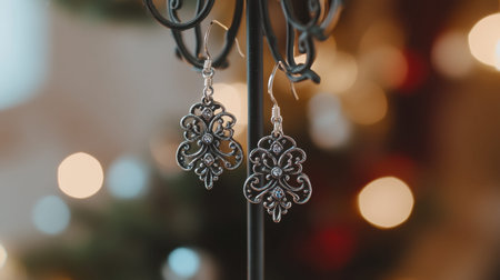 This image features stylish silver earrings with an intricate design and sparkling accents displayed on a stand, perfect for showcasing jewelry.の素材