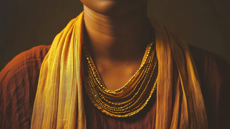 This captivating image showcases a close-up view of traditional jewelry with intricate beadwork set against elegant fabrics, embodying cultural heritage and craftsmanship.の素材
