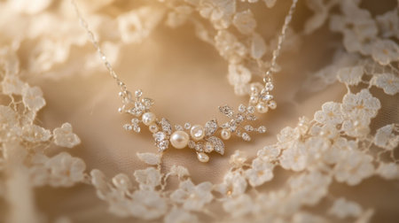 This stunning pearl and diamond necklace rests elegantly on a delicate lace background, creating a captivating image perfect for fashion, jewelry, and bridal themes.の素材