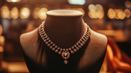 This stunning diamond necklace is showcased on a black mannequin, surrounded by warm bokeh lights, creating a luxurious and elegant atmosphere ideal for fashion-focused visuals.の素材