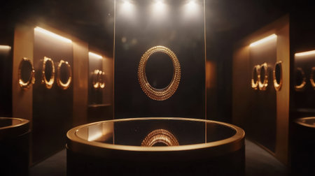 This captivating image showcases a stunning gold jewelry display in a modern gallery setting, featuring elegant lighting and reflective surfaces that enhance the allure of the pieces.の素材