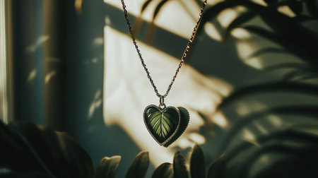 A stunning heart pendant necklace featuring a leaf motif, bathed in soft natural light and shadows, showcasing elegance and artistic design charm.の素材