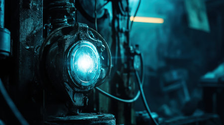 A captivating image of a vintage industrial lamp radiating a blue light in a dim workshop, surrounded by old tools and machinery, evoking nostalgia.の素材
