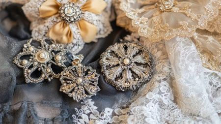 A beautiful arrangement of vintage brooches and lace accessories resting on soft grey fabric, showcasing intricate details and elegant design elements.の素材