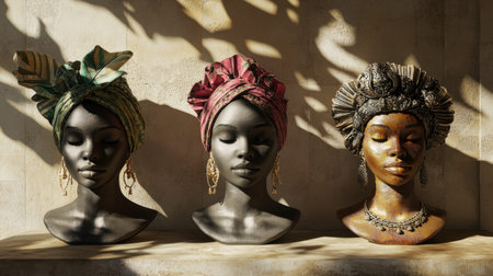 This captivating image showcases three elegant busts adorned with unique headpieces, illuminated by soft natural light, highlighting their intricate textures and patterns.の素材