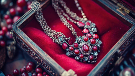 This beautiful image captures an ornate red gemstone necklace nestled in a vintage jewelry box lined with rich velvet. The intricate details emphasize craftsmanship and style, making it perfect for showcasing luxury and elegance.の素材