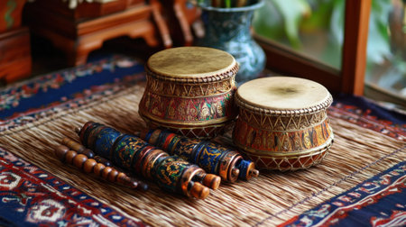 Two traditional handmade drums sit elegantly atop a richly patterned textile, showcasing the beauty of cultural craftsmanship and vibrant artistry.の素材